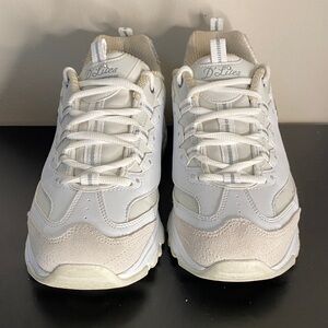 Skechers D’Lites women 10 white/silver multi colorway leather + mesh Upper